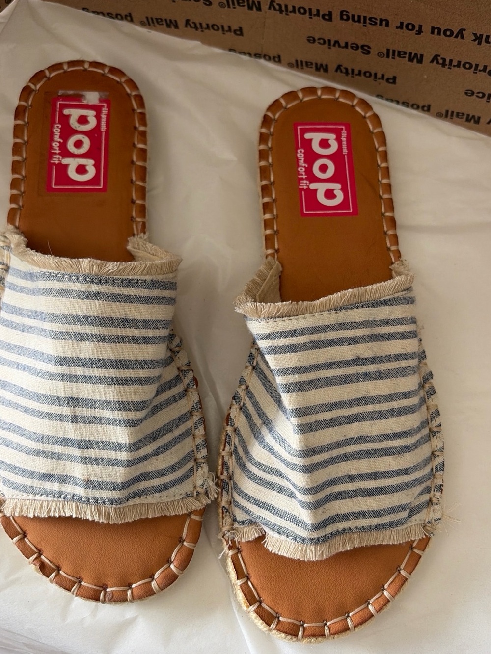 pop Striped Slide Sandals in Blue & Tan